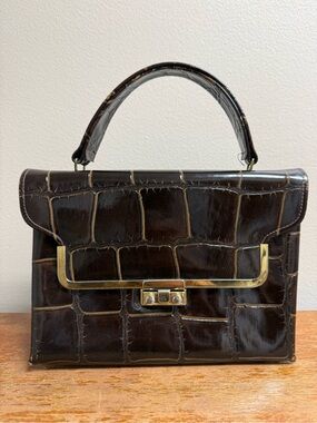 Celestial by Markay Vintage 1950s 60s Brown Croc Embossed Top Handle Handbag